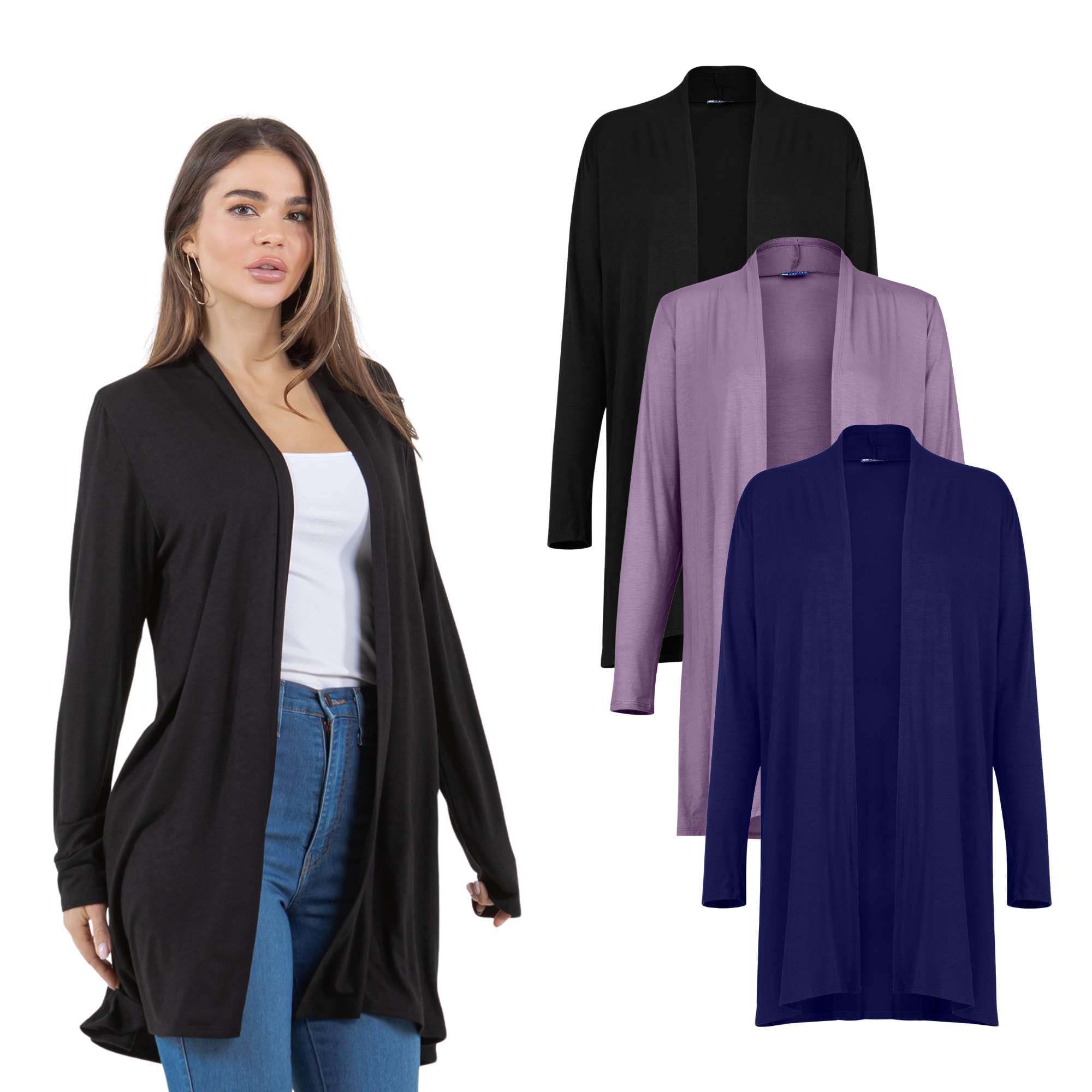 Azules 3 Pack Lightweight Cardigan for Women Long Sleeve Open Front Longer Length Flowy Rayon Casual for Everyday