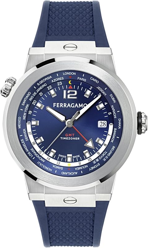 Reloj Ferragamo F-80 GMT Worldtime para hombre, reloj de diseño de lujo fabricado en Suiza para hombre con esfera azul rayos de sol, caja plateada de acero inoxidable de 43 mm, correa de PU azul, cierre desplegable, 10 ATM