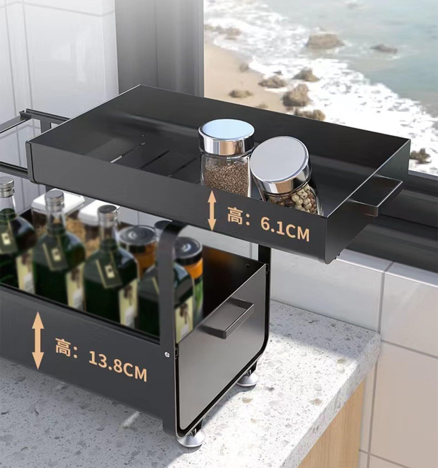 Cesta organizadora deslizante de 2 niveles para almacenamiento de cocina y baño, estante debajo del gabinete, solución de cajón que ahorra espacio, color blanco