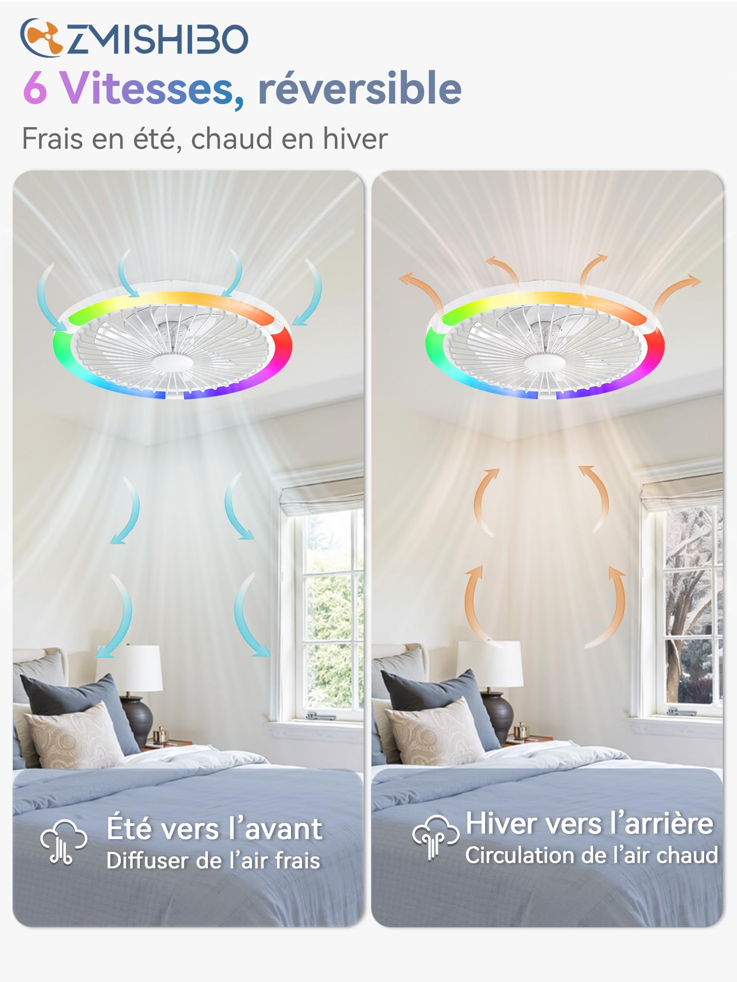 ZMISHIBO 50W Ventilateur de Plafond avec Lumière Ø50cm, 3 Couleurs, 6 Vitesses, Télécommande & Application, Mémoire, Luminosité Réglable 10-100%, Assemblage Requis (RGB)