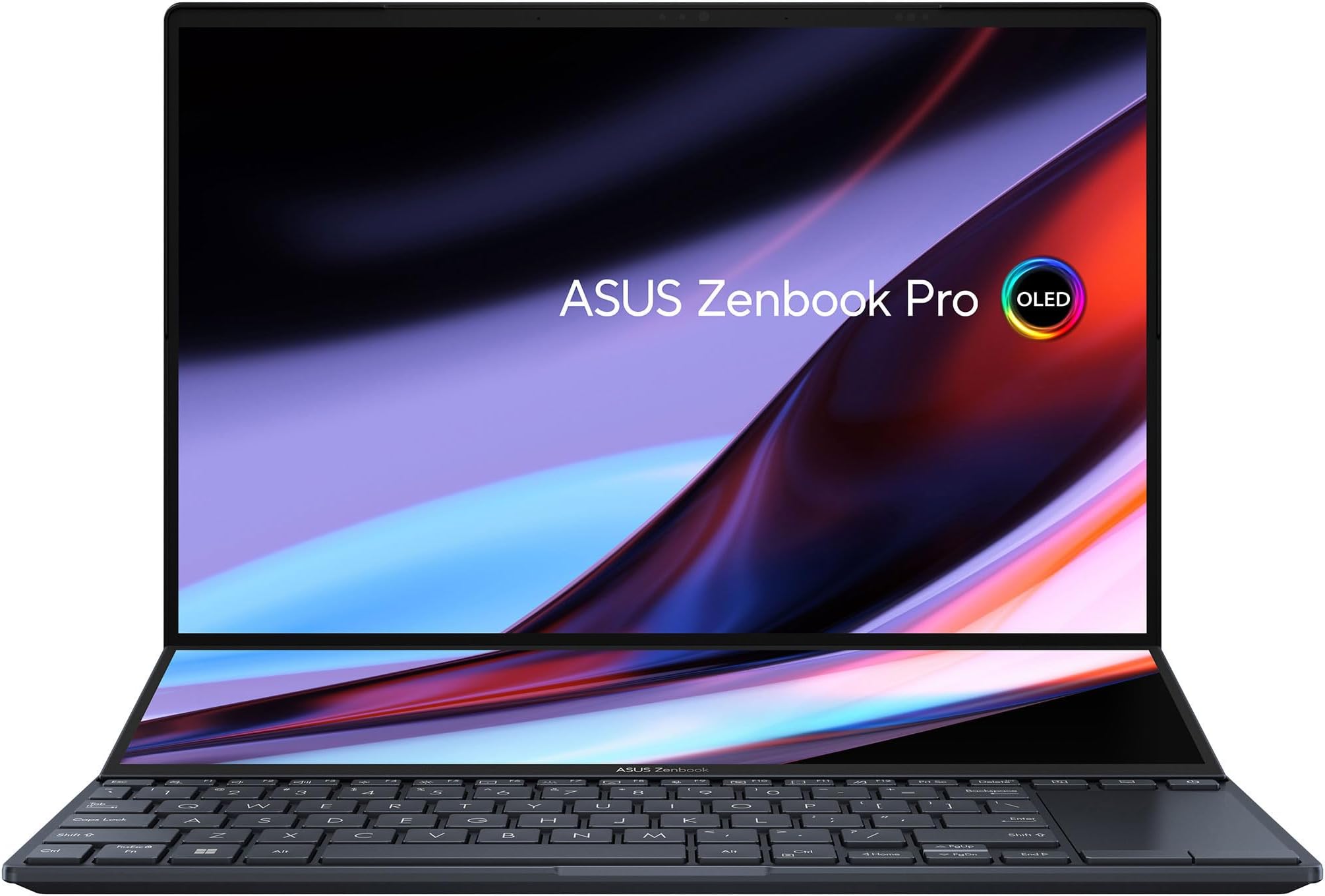ASUS Zenbook Pro 14 Duo UX8402VV-OLEDI9TB, Tech Black, Creator Laptop, i9-13900H 32GB 1TB SSD, NV RTX4060, 8GB DDR6 Graphics, WIN11 HOME, 14.5inch 2.8K OLED, Touch Screen, Backlit-Eng-Arb-KB