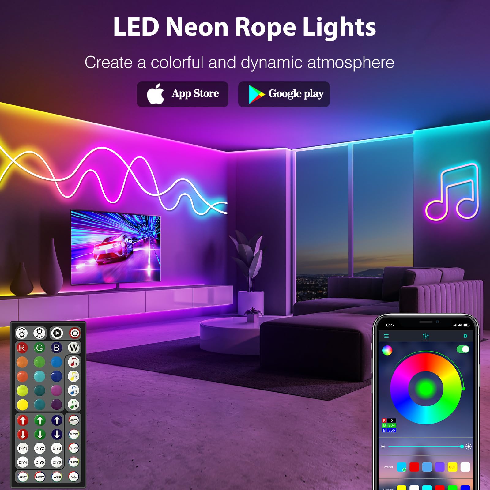 AILBTON 15m Neon LED Strip Flexible LED Strip with App/Remote Control Music Sync for Bedroom