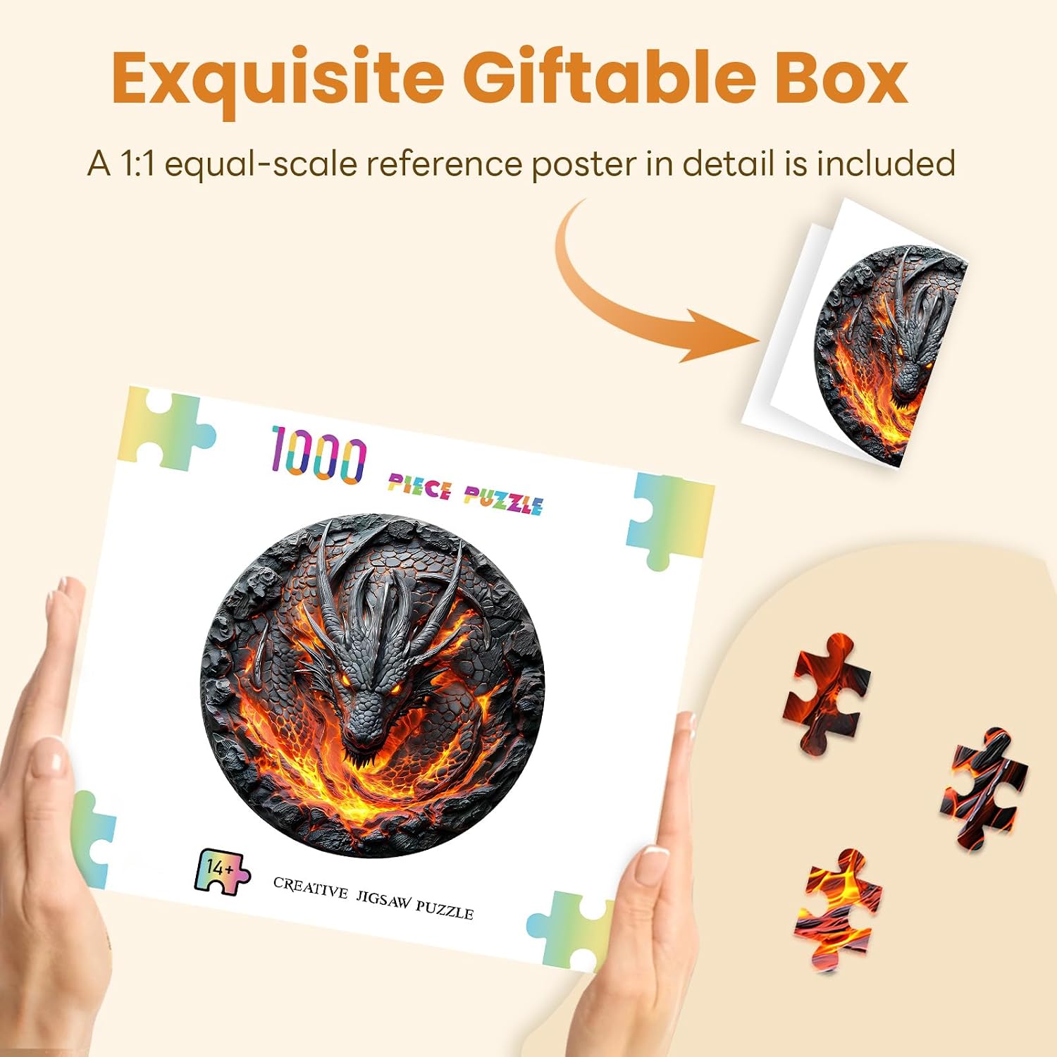 Masseruon 1000 Piece Puzzle for Adults, 26.6 * 26.6in Flame Dragon Puzzle for Adults, 1000 Pieces Flat Puzzles with 3D Visual Effect When Completed, Adult Puzzles Games