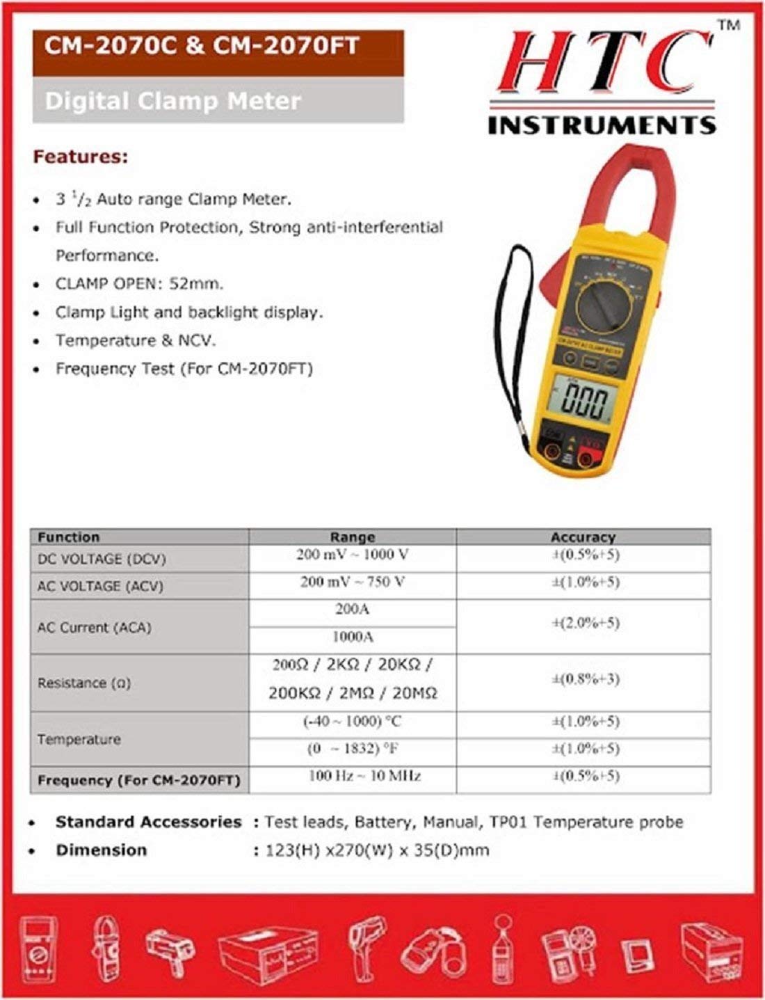 HTC Instrument CM-2070FT Digital AutoRange AC Clamp Meter 1000 Amp with Frequecy and Temperature