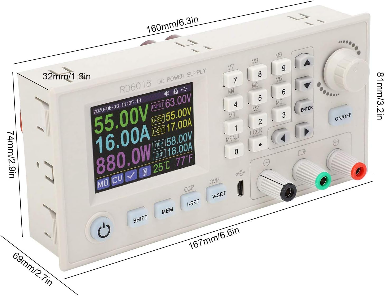 CNC DC DC Module Adjustable Power Supply Step Up Down Converter 6 70V to 0 60V 18A 1080W with 2.4 Inch LCD Display for Labs Factory Automation Electronic Equipment (RD6018-W)