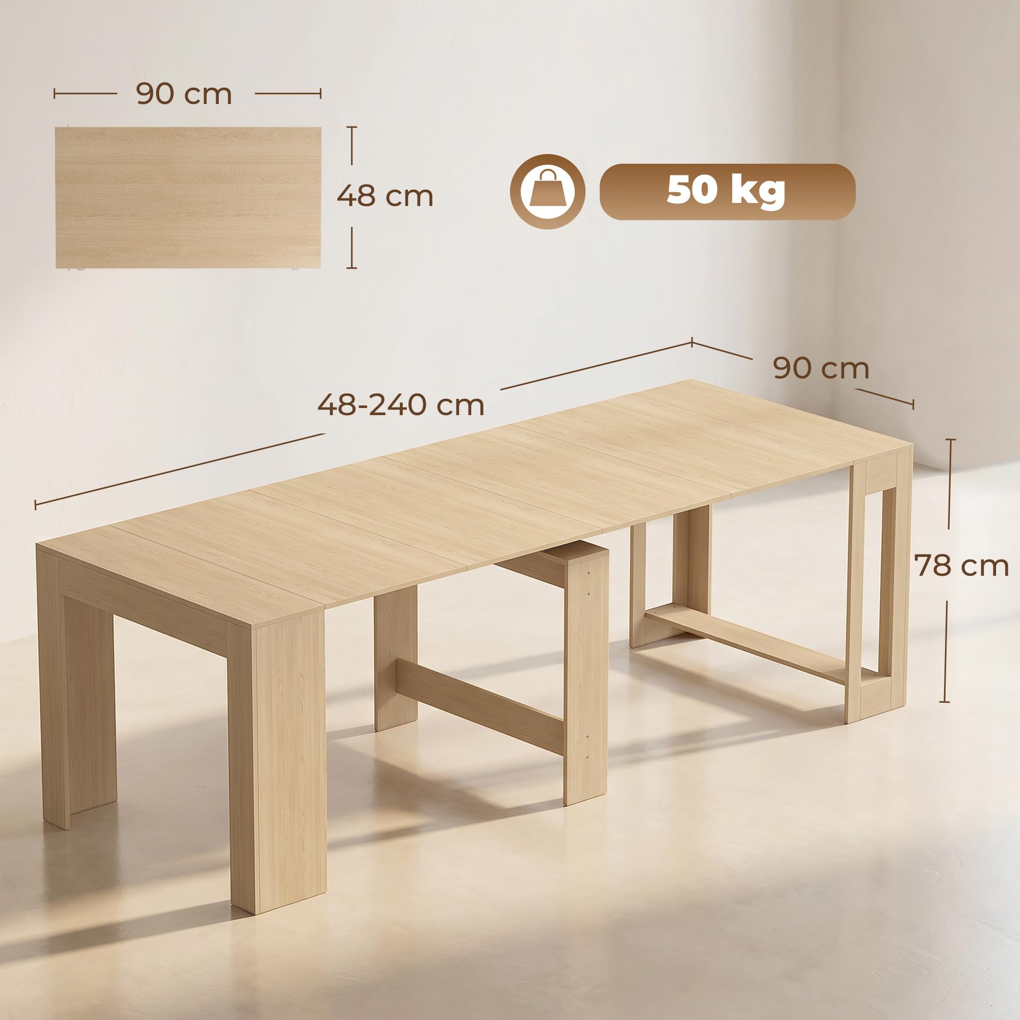HOMCOM Tavolo da Pranzo Allungabile 48-240x90cm per 10 Marrone Chiaro | Tavolo Consolle Allungabile Rettangolare Salvaspazio, 4 Prolunghe, Soggiorno Cucina, Effetto Legno