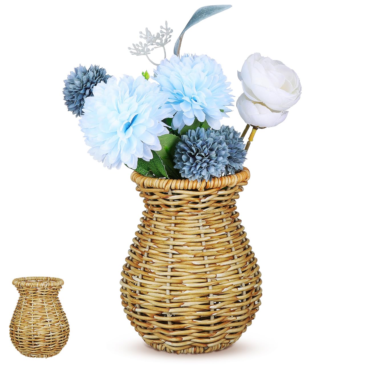 Cabilock Woven Rattan Flower Vase, Rustic Imitation Wicker Decorative Vases, Boho Dried Flower Arranger for Home Tabletop Balcony Office Decoration