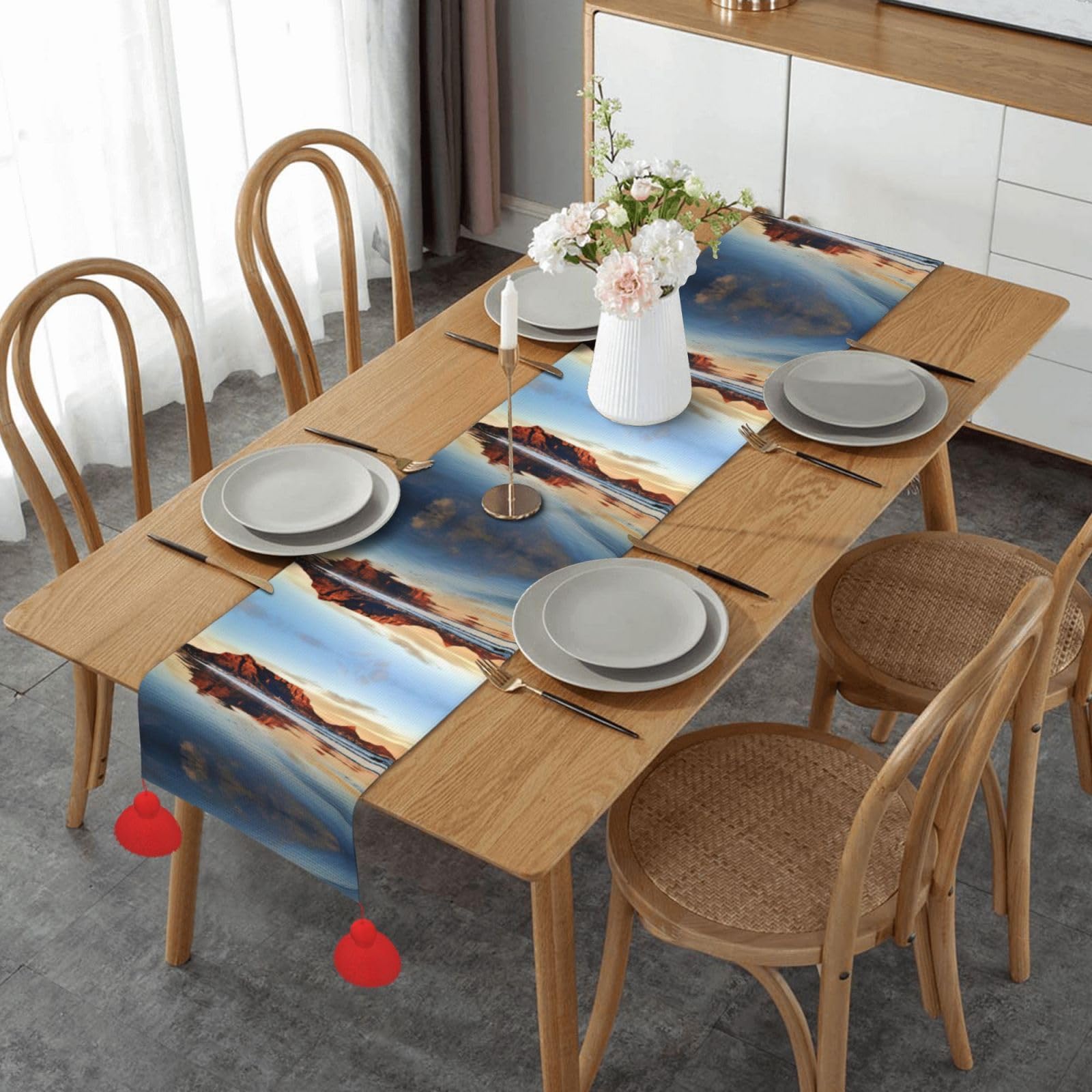 Chemin de table de Noël antitache 152 cm Mountain At Sunrise pour repas de fête