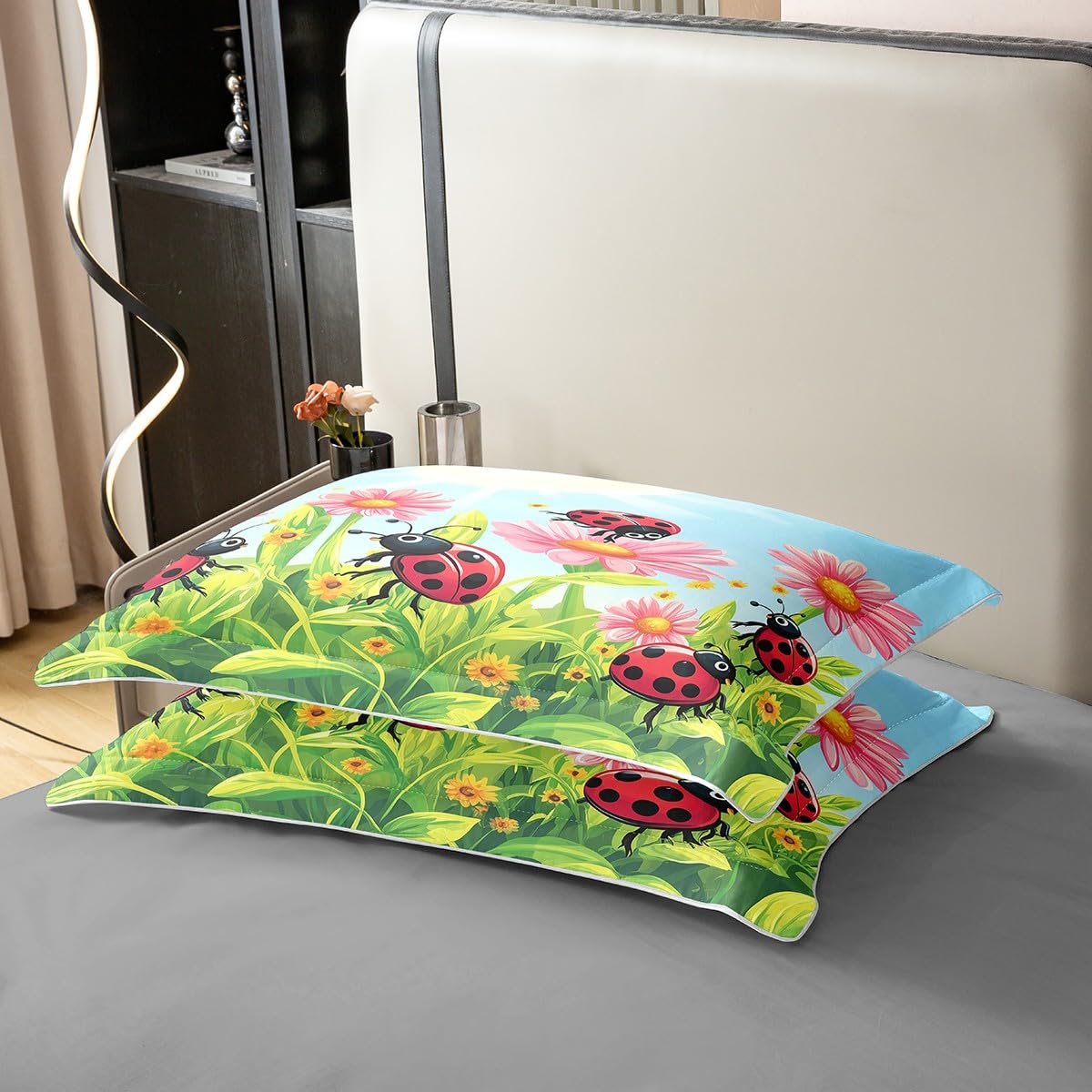 Homewish Set di biancheria da letto con copripiumino singolo a sette pois, 100% cotone, motivo coccinella, per bambini, ragazzi, ragazze, sole, floreale, botanico, verde, rosso, morbido e comodo