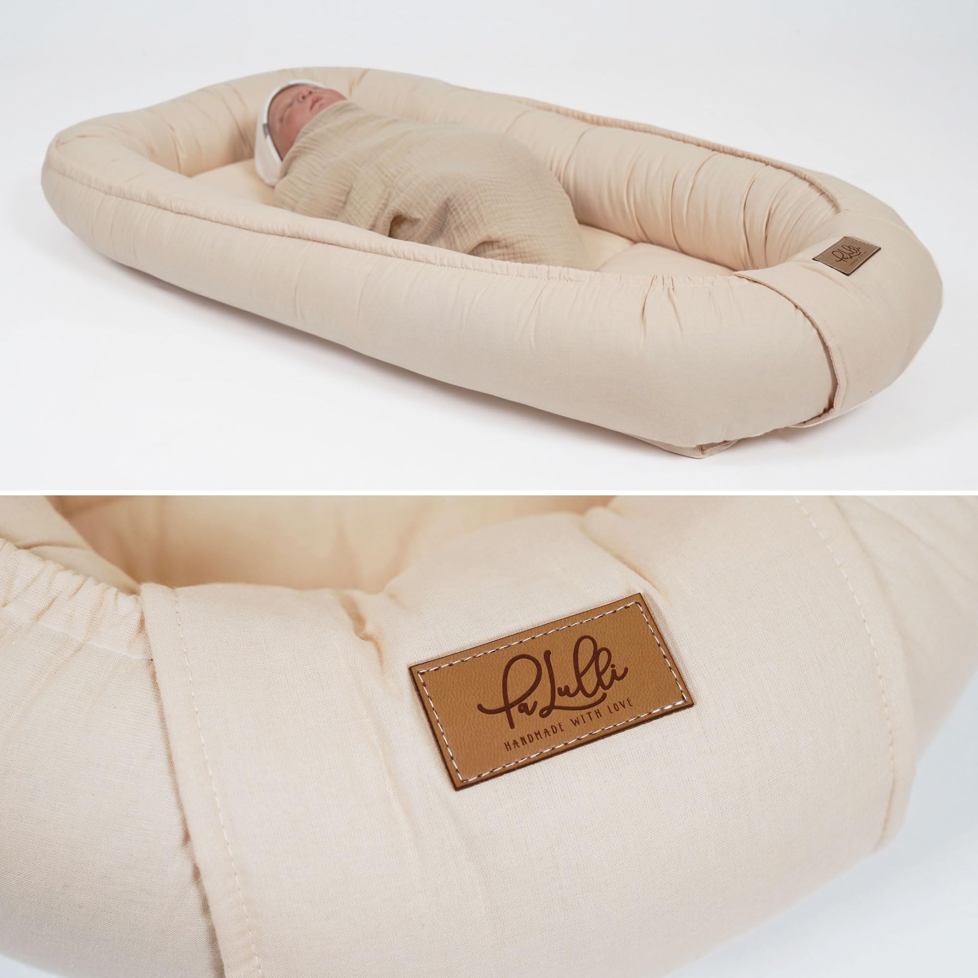 PaLulli Nido extra grande para bebé de 100 x 60 cm, algodón, reversible, reversible, hecho a mano, transpirable y seguro (beige)