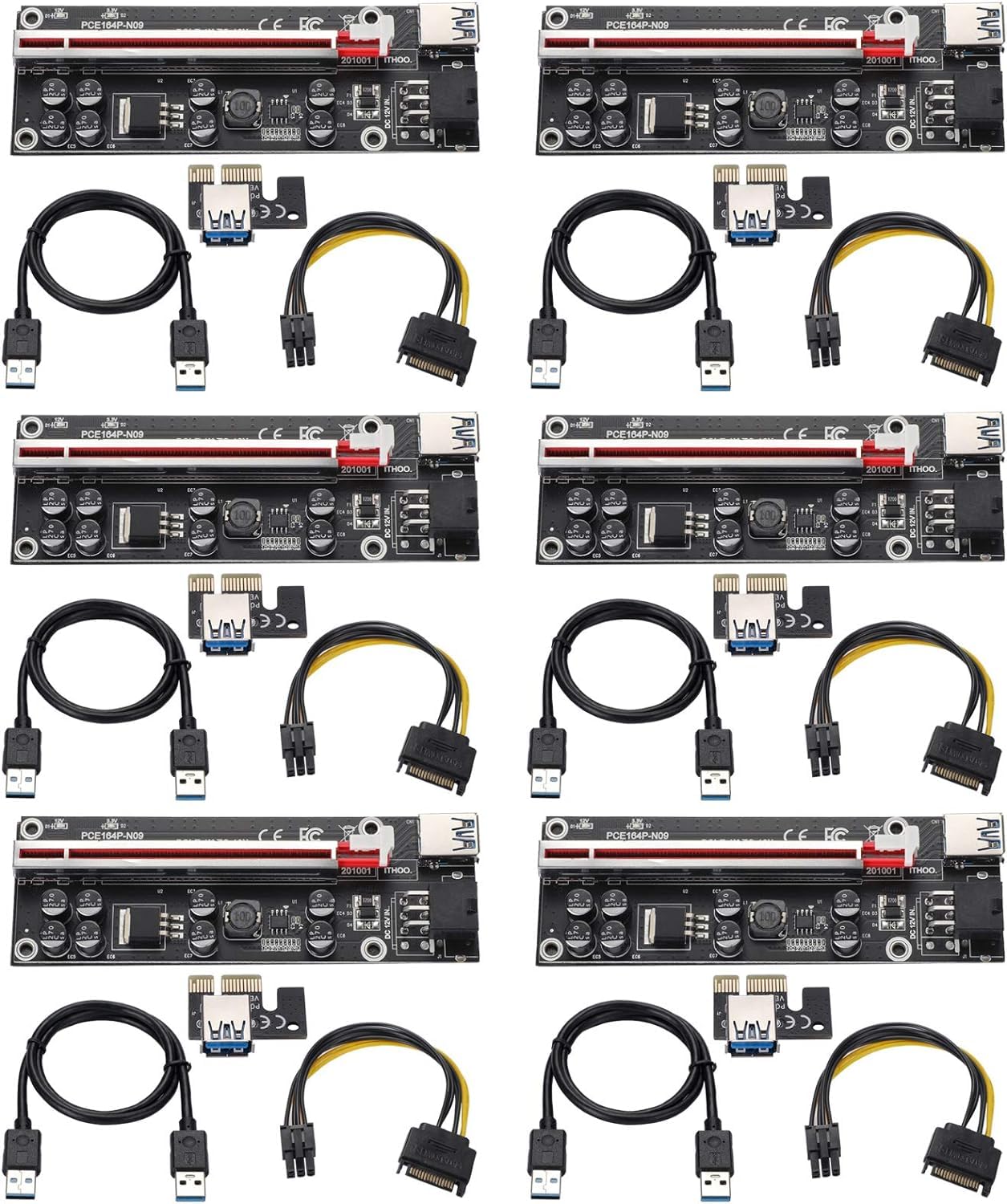 PCIE Riser 1X to 16X GPU Riser Card VER009S, 0.6m USB 3.0 Extension Cable-6PIN SATA Power Cable-GPU Extender Adapter Board (6 Pack)