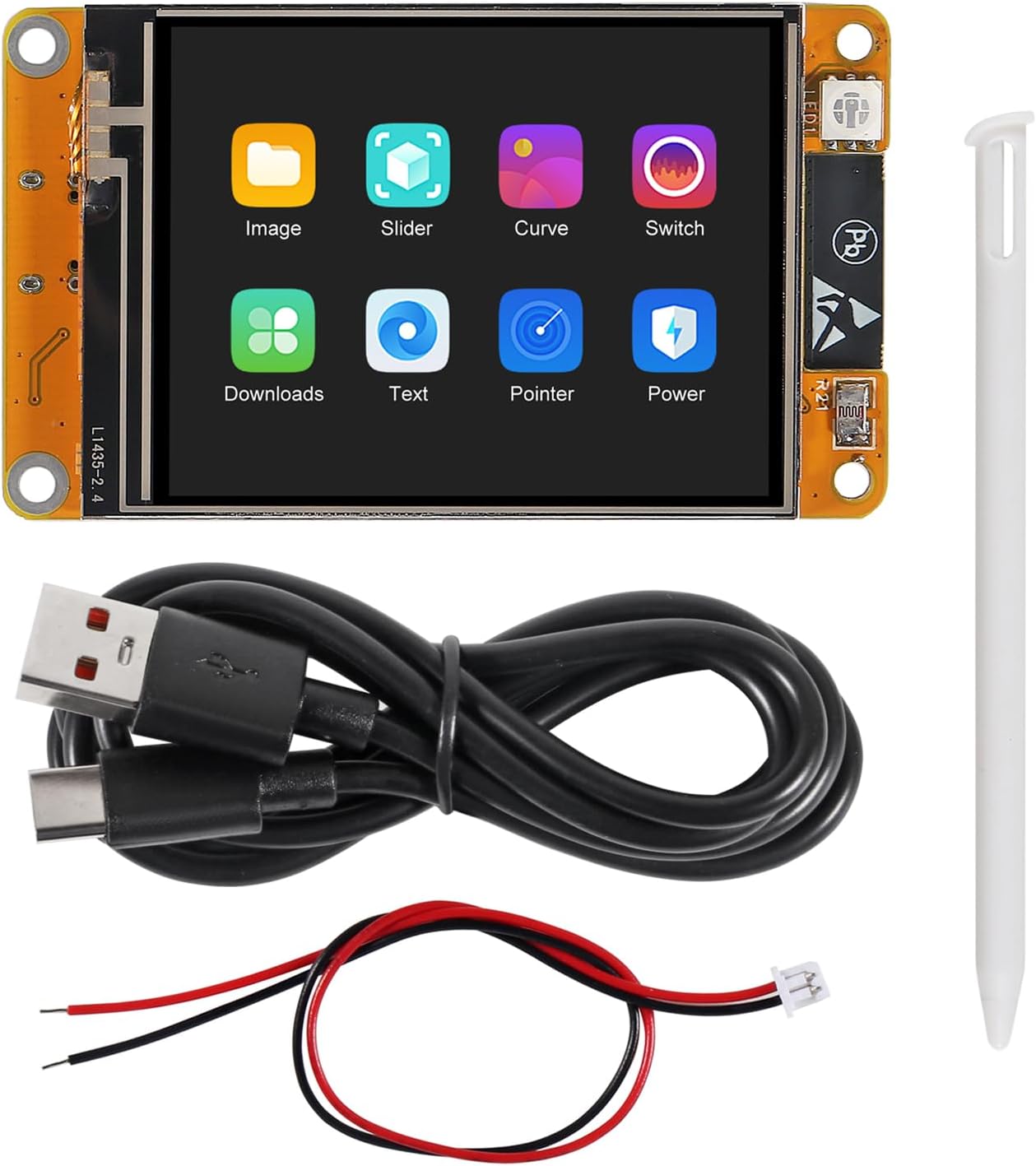 One AITRIP ESP32-2432S024 module with its included USB-C cable, 2-pin JST cable, and white stylus.