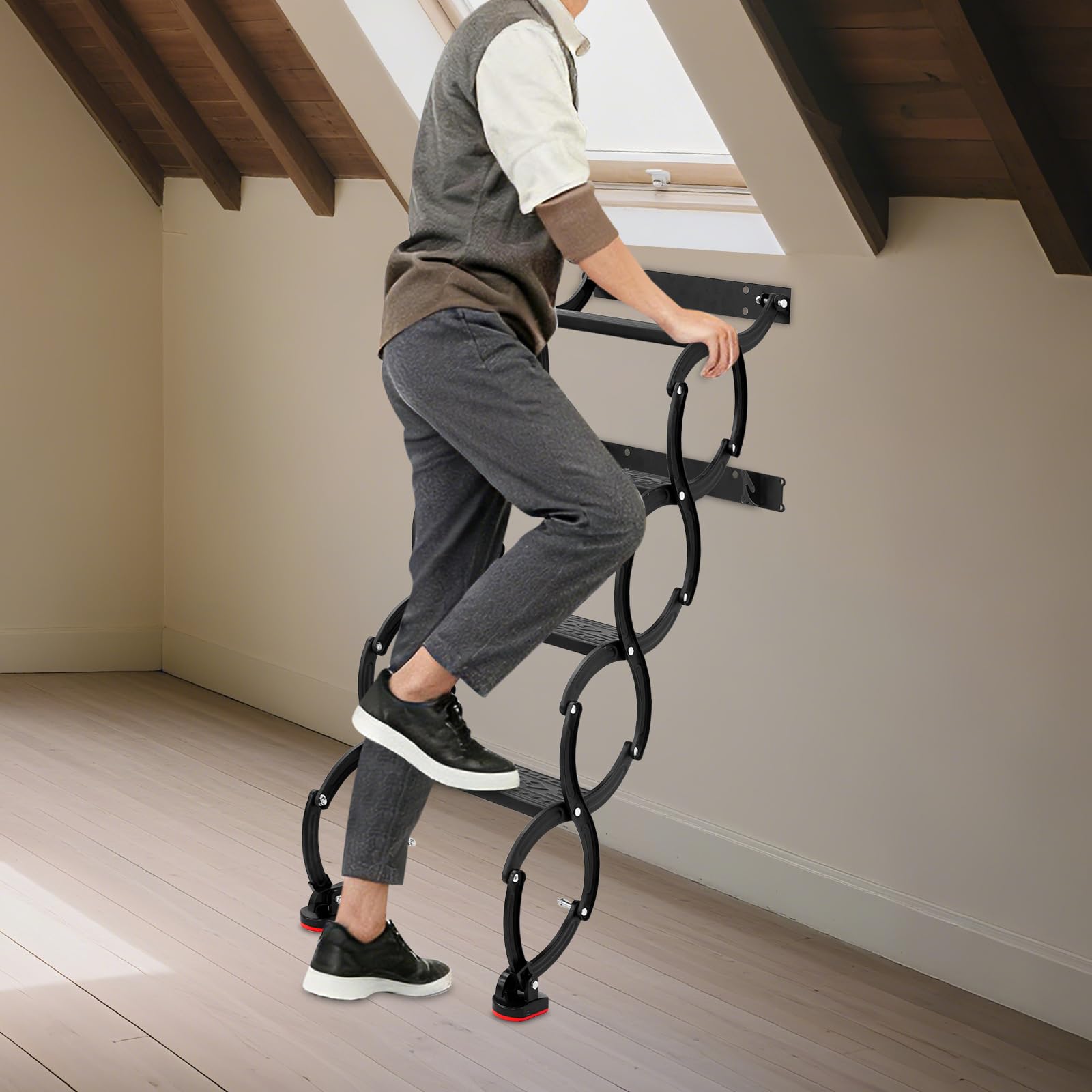 Escalera plegable extensible de 4 peldaños montada en la pared con peldaños antideslizantes, escalones telescópicos, para ático, garaje, sótano, negro, capacidad de carga 200 kg