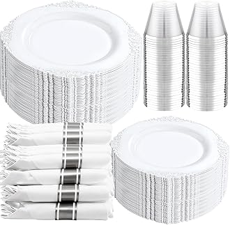 Liacere 350PCS Silver Plastic Plates&Pre Rolled Napkins for 50 Guests - Plastic Dinnerware Sets 100Silver Disposable Plates, 150Silver Silverware, 50Cups and 50Napkins for Wedding&Party