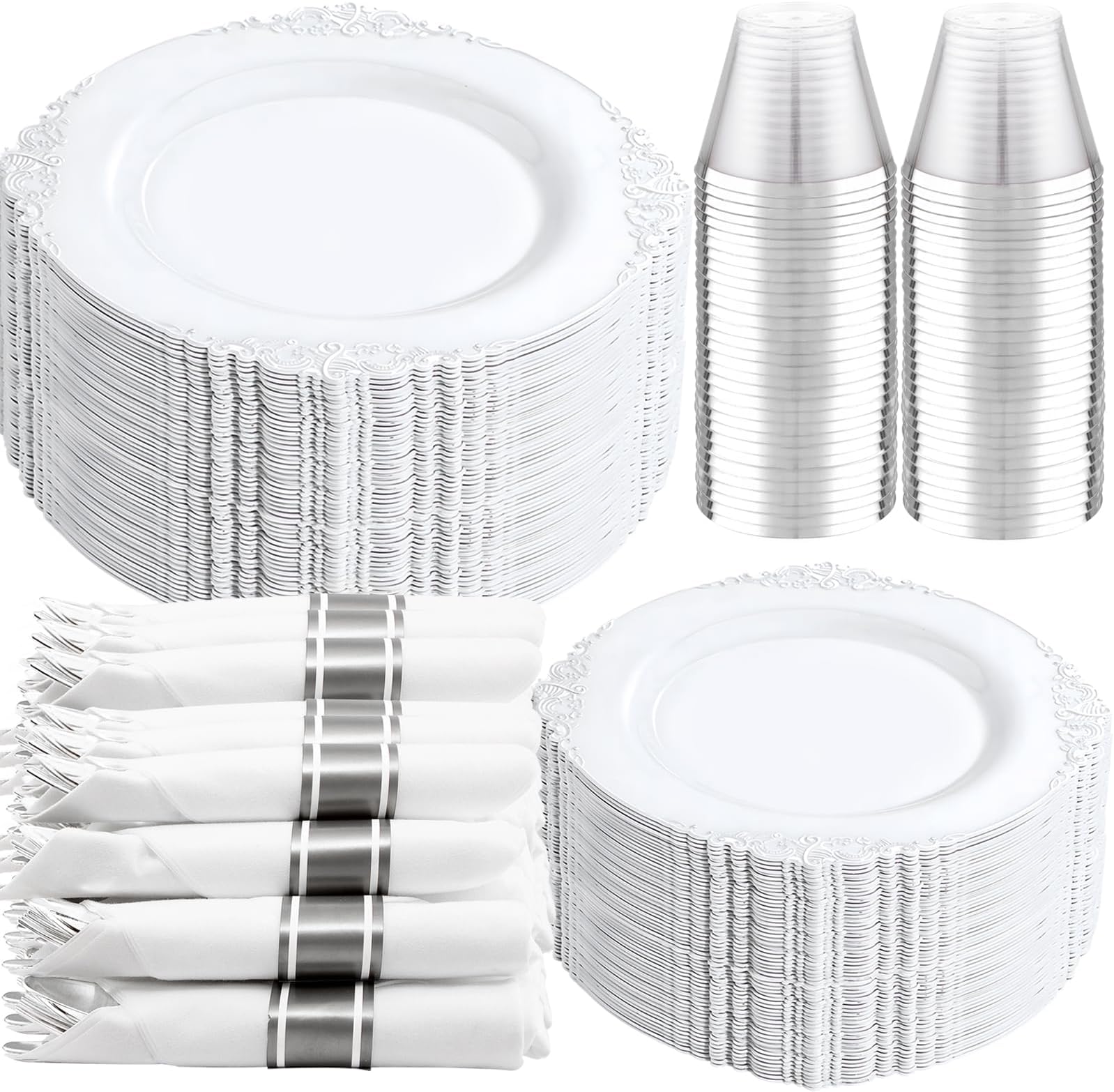 Liacere 350PCS Silver Plastic Plates&Pre Rolled Napkins for 50 Guests - Plastic Dinnerware Sets 100Silver Disposable Plates, 150Silver Silverware, 50Cups and 50Napkins for Wedding&Party