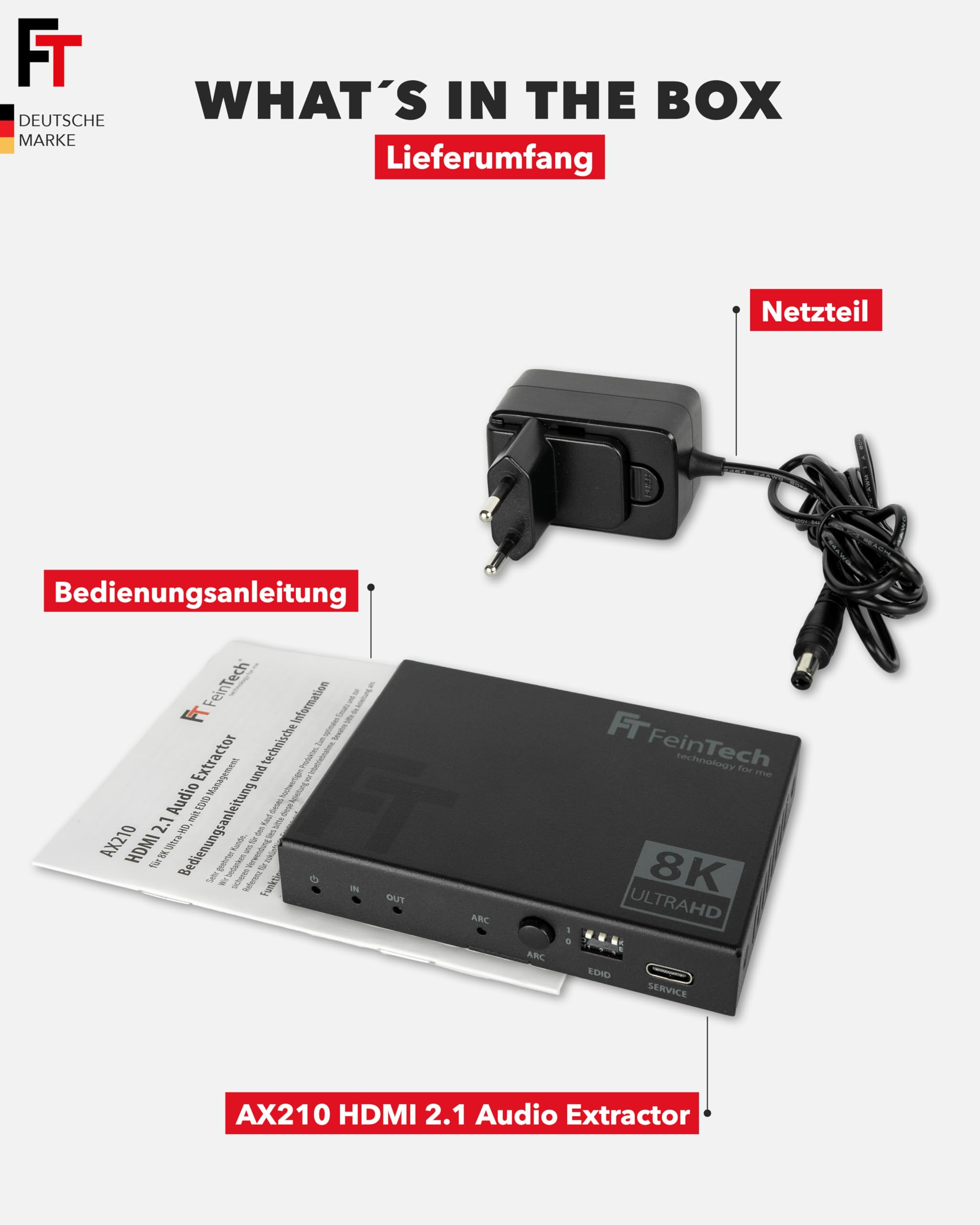 FeinTech AX210 HDMI 2.1 Audio Extractor 4K 120Hz 8K VRR ALLM, HDMI-Out + Audio (Optisch Toslink 5.1 + AUX Stereo), CEC-Pass und ARC Unterstützung von TV zu Soundsystem