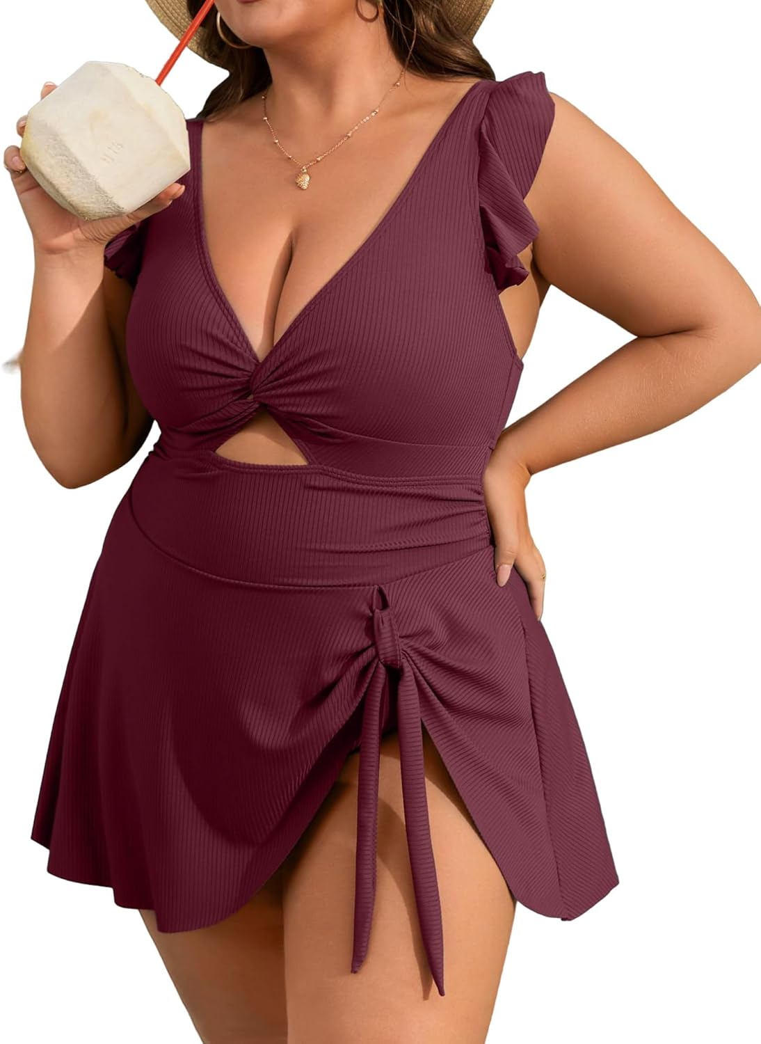Charmo Ruffle Ribbed Plus Size Swimdress for Women One Piece Swimsuit High Waisted Tummy Control Bathing Suit 2026