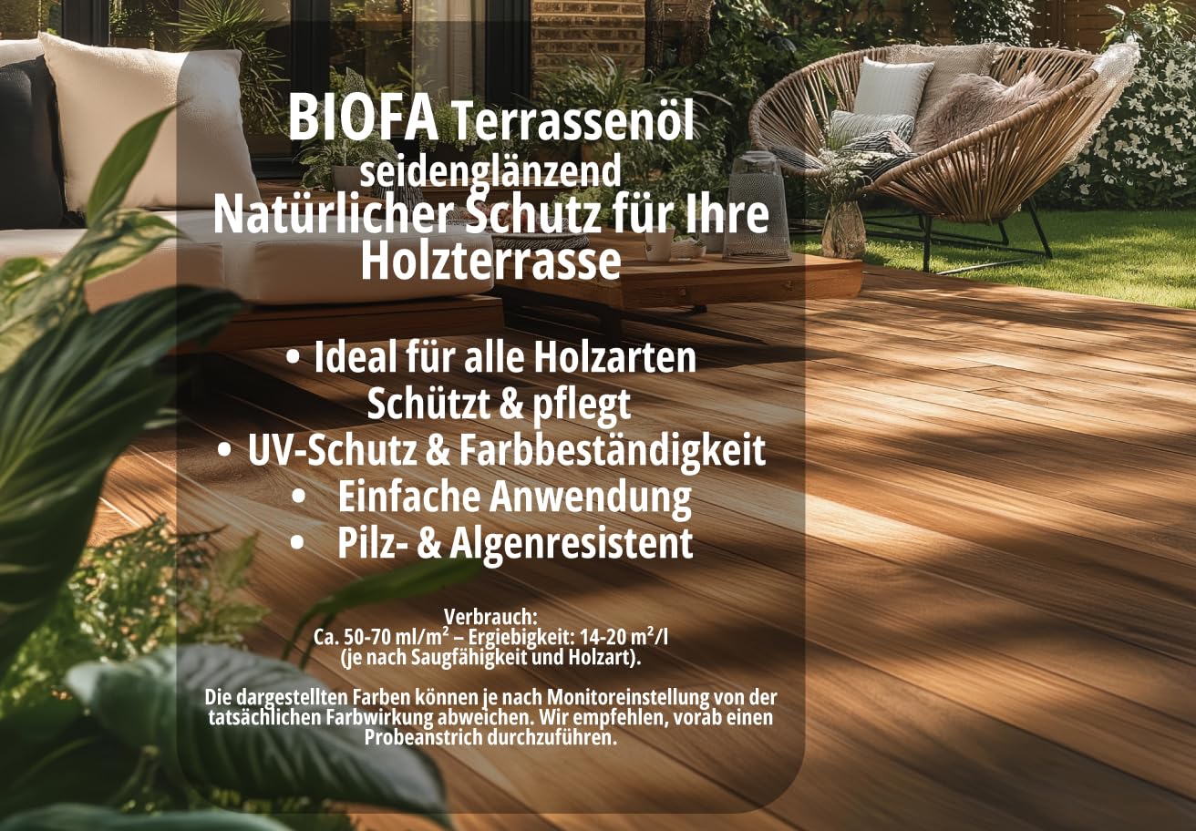 Biofa Terrassenöl farbig – Hochwertiger, witterungsbeständiger Holzschutz für Terrassenholz | UV-Schutz, atmungsaktiv & langlebig (1 L Grau)
