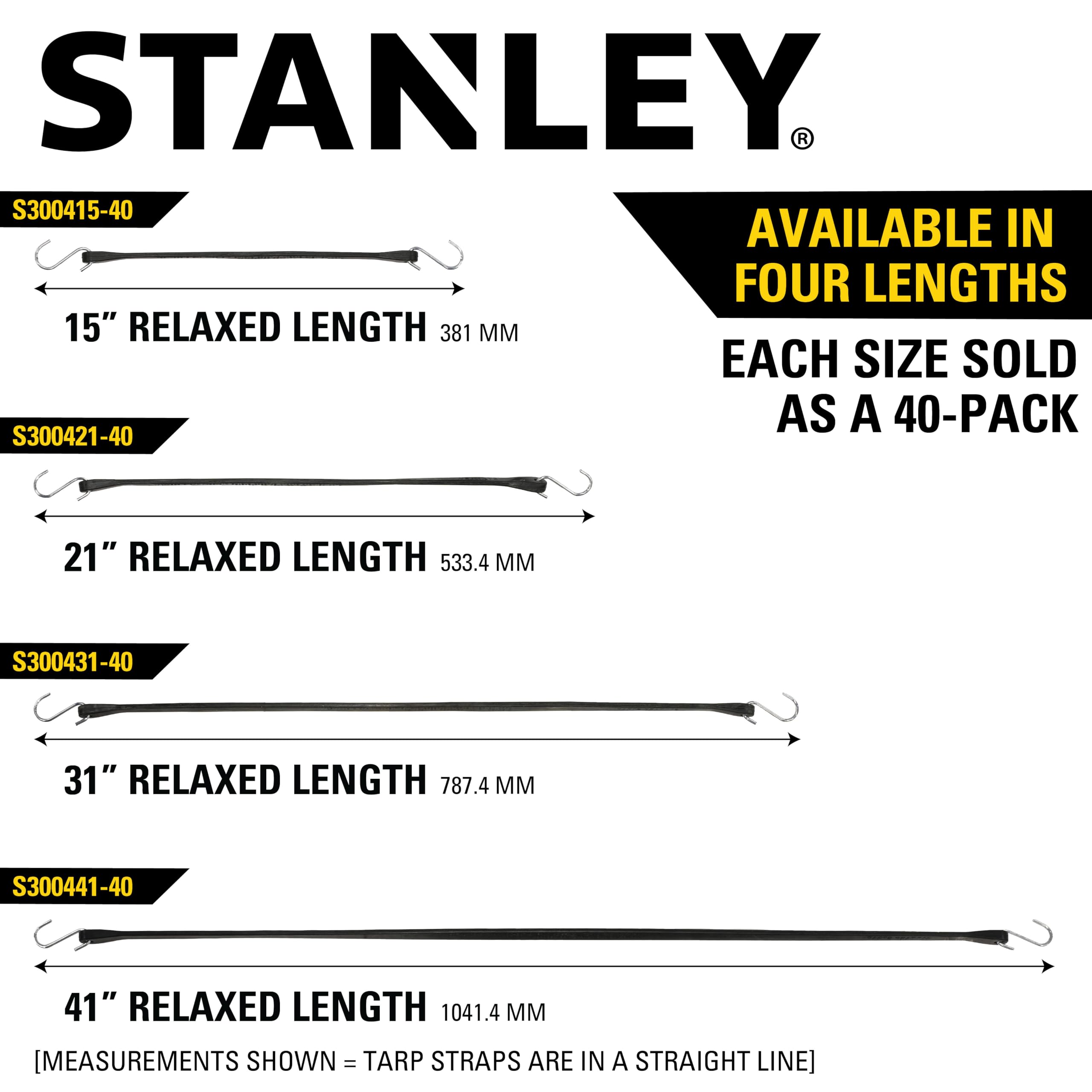 STANLEY S300421 Lot de 40 tendeurs élastiques en Caoutchouc pour Bateau, Camping, Support de Cargaison, Noir, 53,3 cm