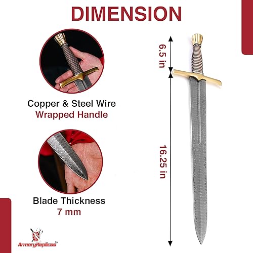 Miniatura 2 de Armory Replicas - Espada corta de acero de Damasco forjado a mano de inspiración medieval con mango envuelto en alambre dorado, rojo y plateado -