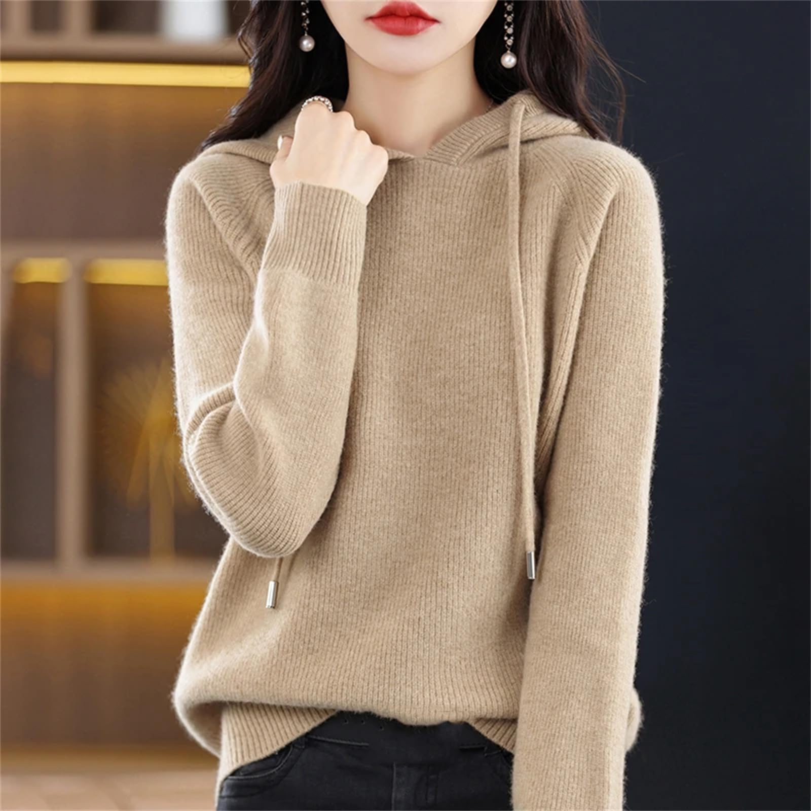Yeuyyben Maglione da donna in cashmere con cappuccio a maniche lunghe in maglia invernale con cappuccio Pullover in cashmere tinta unita, Marrone e grigio., S