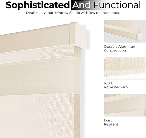 Miniatura 6 de PowerSellerUSA Persiana enrollable sin cordón, de doble capa, con diseño de cebra, con control de luz y de privacidad, 35 x 72 pulgadas, color lino