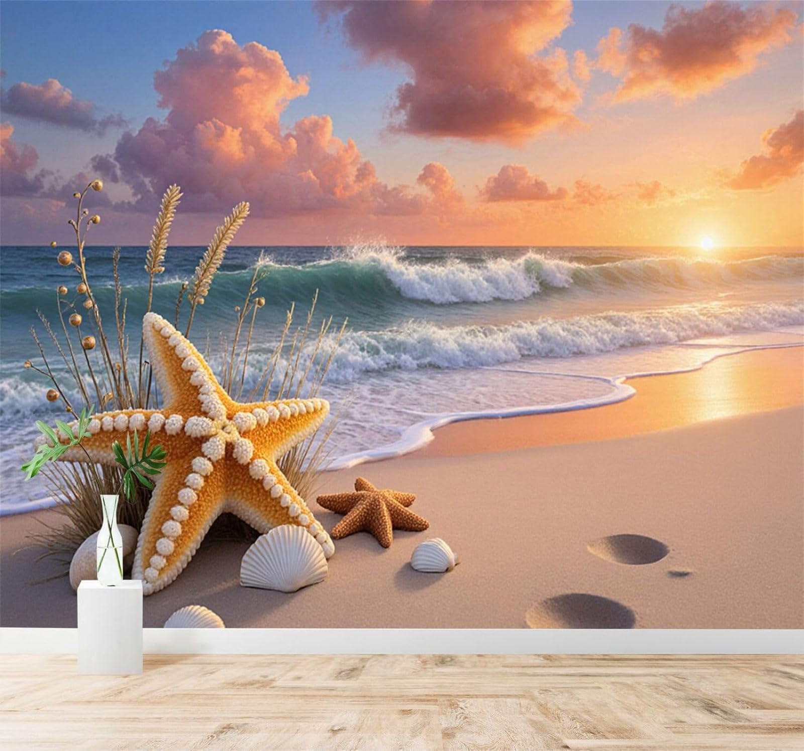 XLMING Starfish Shells Waves Beach Sunset 3D Wallpaper Silky Texture Home Study Office Grey Dining Room Sofa Bedroom Living Room TV Backdrop-150cm×105cm