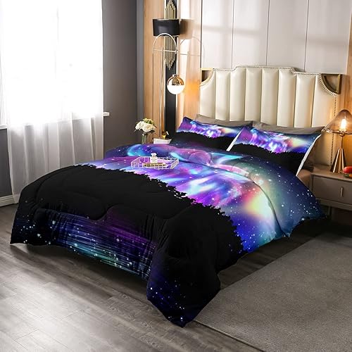 Miniatura 2 de Juego de edredón de lobo galaxia, juego de ropa de cama con luz del norte, para niños, niñas, adolescentes, cielo estrellado, aurora, decoración de
