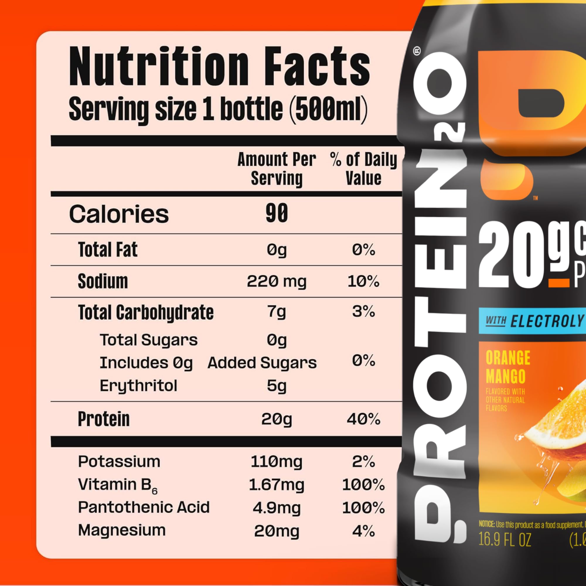 Protein2o Hydration Drink - 2-in-1 Liquid Clear Whey Protein Isolate and Electrolyte Drink - 20g Protein, Vitamins B5, B6 - Post-Workout Recovery - 16.9 Fl Oz - 12 Count Orange Mango — Amazon image 6