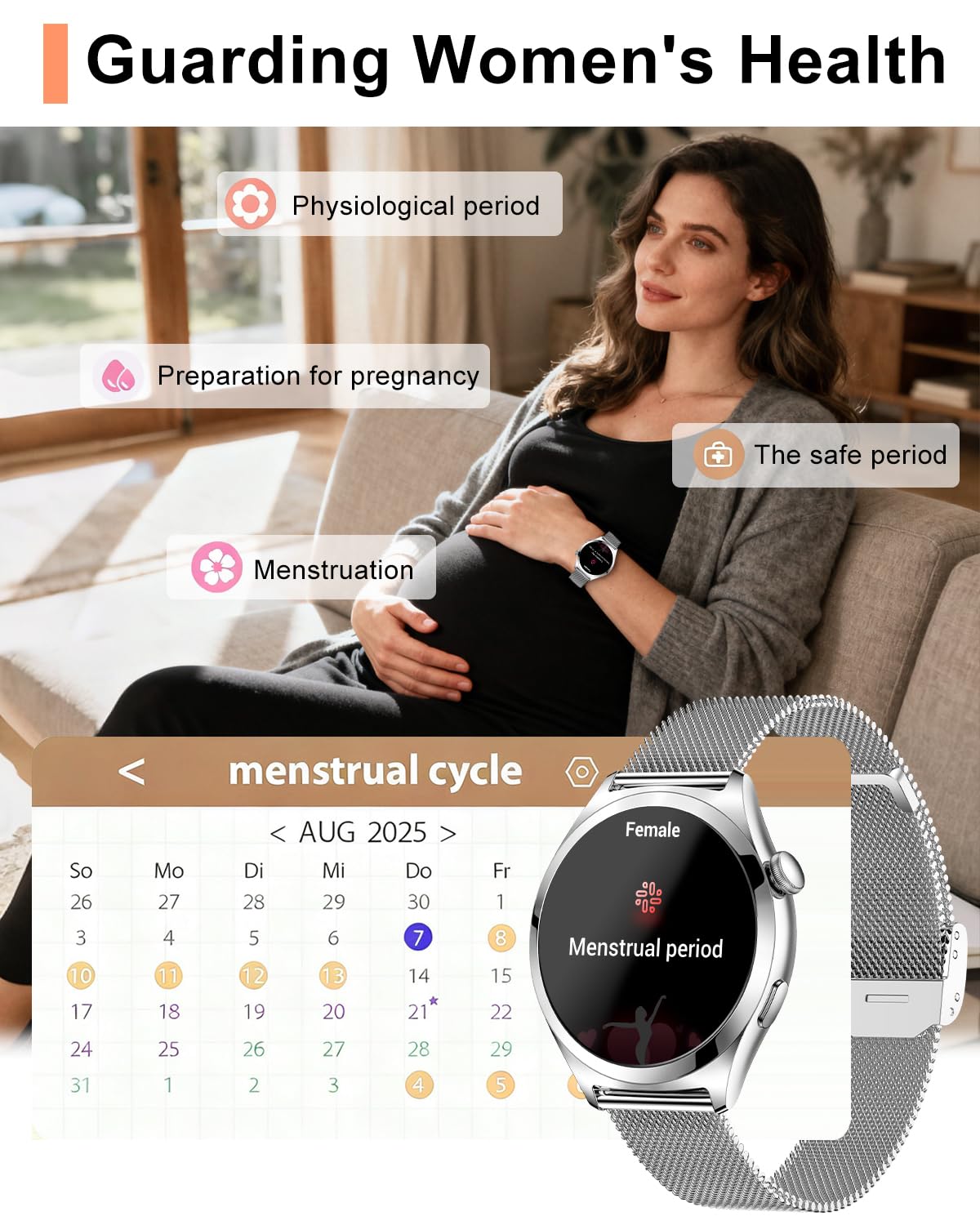 Smartwatch Donna, 1,27” Orologio Smartwatch con Chiamata Bluetooth, 120+ Sport, 24H Frequenza Cardiaca SpO2 Sonno, Fisiologia Feminile, IP68 Impermeabile, Smart Watch per Android iOS Argento