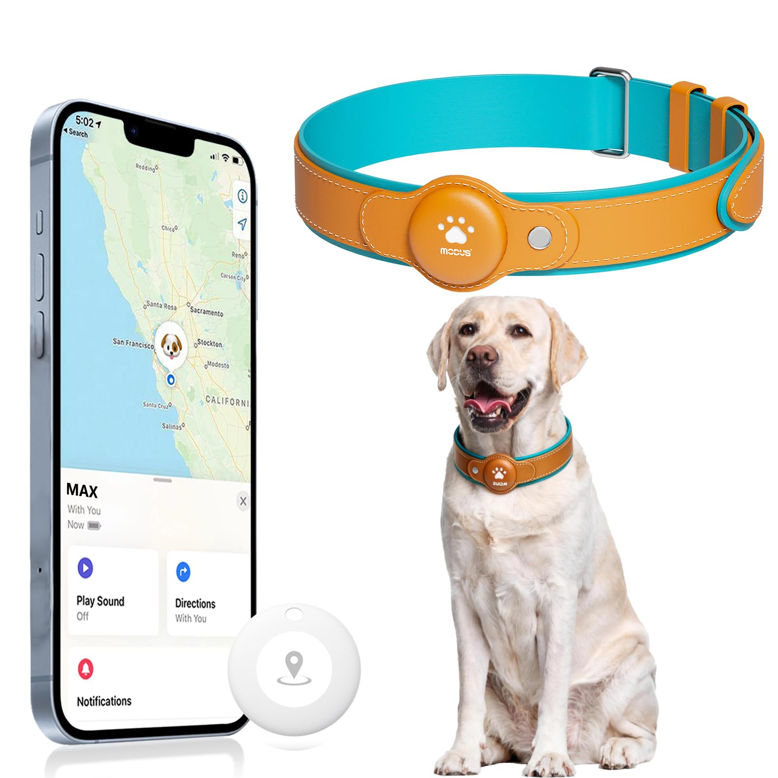 GPS Tracker for Dogs, 2 in 1 Pet Tracking Smart Collar (Only iOS), No Monthly Fee GPS Tracker Dog Collar, Real-time Location Comfortable PU Tracker Tag for Small, Medium Large Dogs(Locator Included)