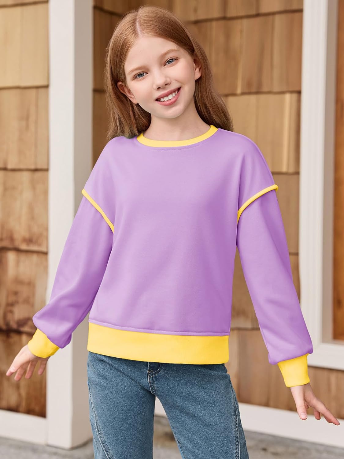 Haloumoning Girls Casual Crewneck Sweatshirts Long Sleeve Color Block Loose Fit Fall Cute Pullover Tops 5-14 Years - Image 3