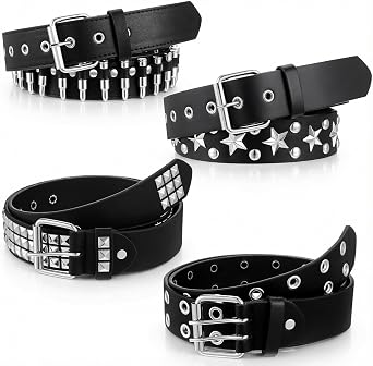 4 Pcs Black Studded Belt, Women Y2K Belt Star Belts Black Girl Ladies Spike Stud Punk Waist Belt Goth Punk Rock Double Grommet with Pyramid Scene for Women Men