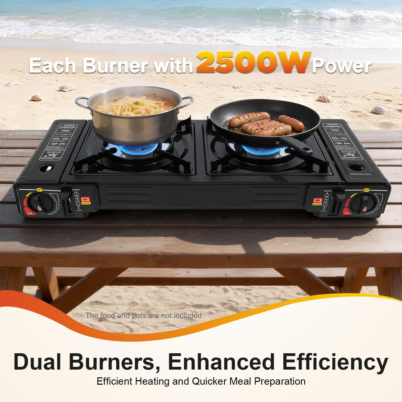 Barbecue à gaz et réchaud à gaz à 2 flammes en acier inoxydable - 2500 W - Réchaud de camping avec plaque de cuisson et boîte de rangement - Soupape de surpression intégrée - Réchaud à gaz de camping
