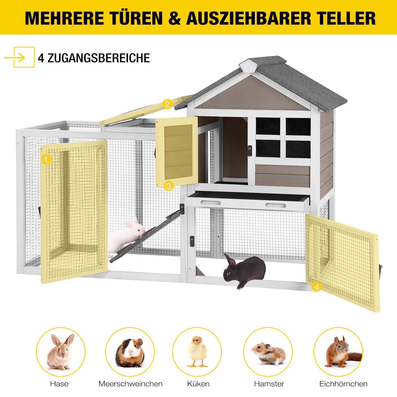 Aivituvin Hasenstall, Kaninchenstall für drinnen und draußen, Kaninchenkäfig mit Laufbereich, Hühnerstall mit herausziehbarem Obertablett