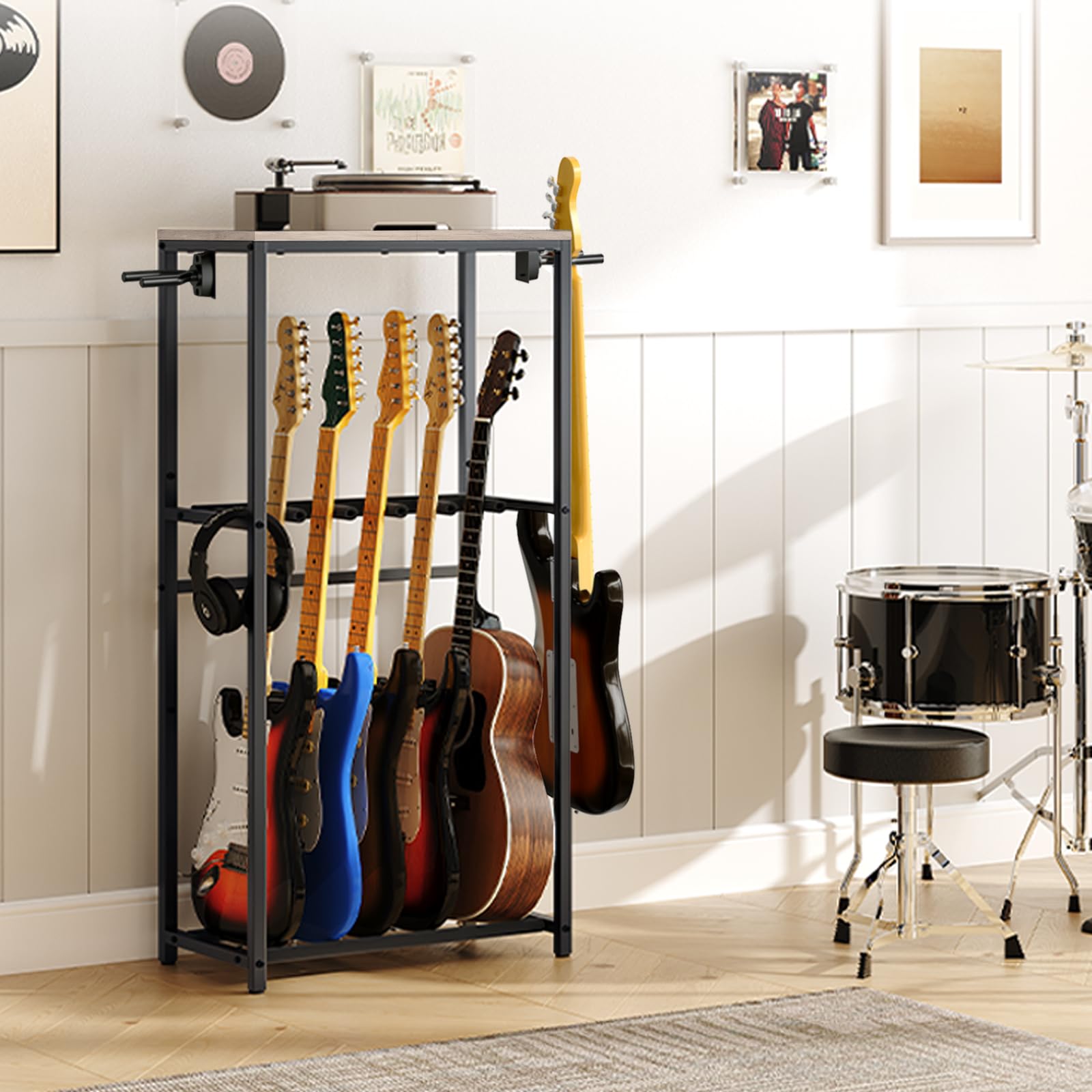 MAHANCRIS Support de Guitare, Stand Guitare à 2 Niveaux pour 5 Guitares, Idéal pour Entreposer Guitare Acoustique, Basse, Ukulélé, Tourne-Disque, Enveloppé de Mousse EVA, Gris AGSHG6501