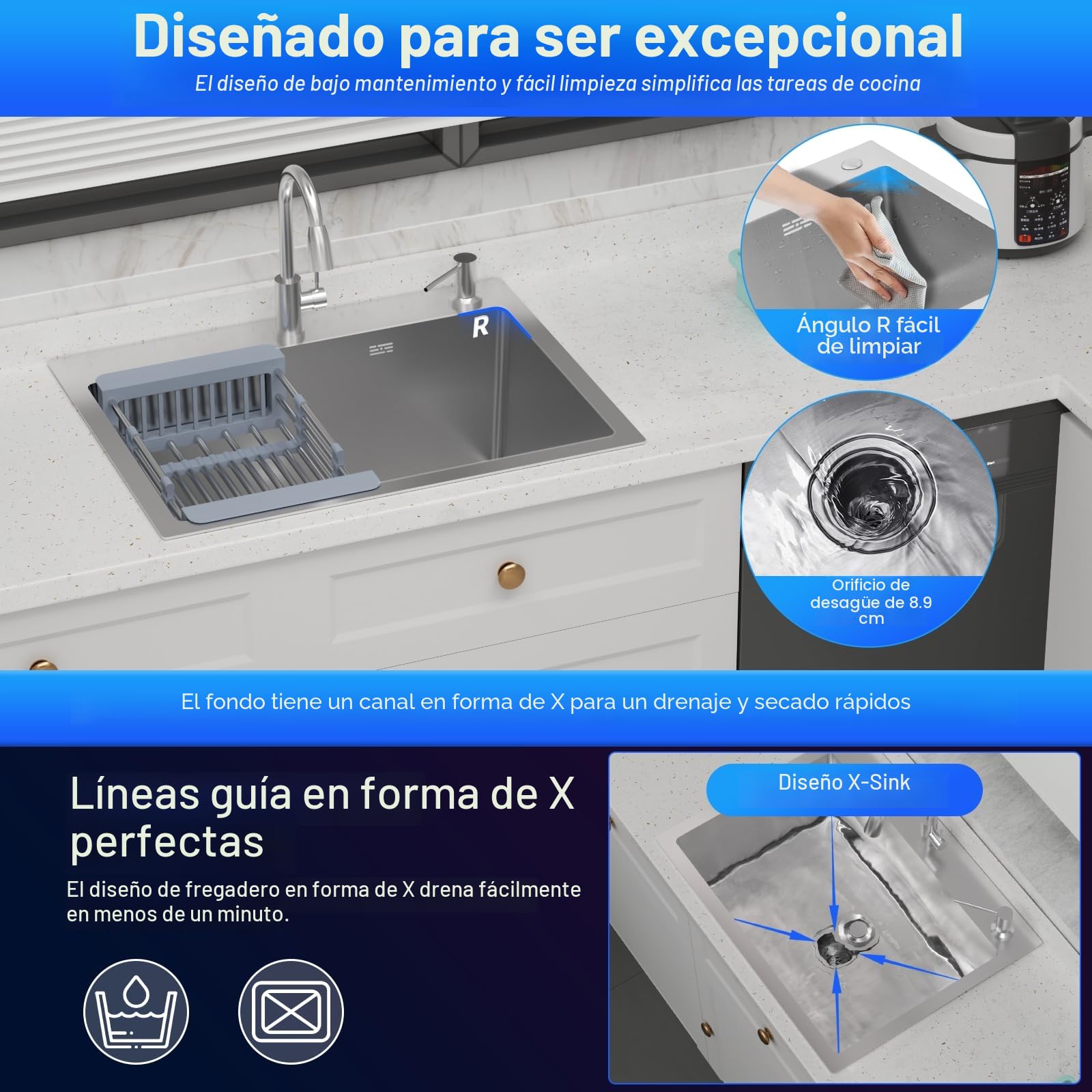 Fregadero Cocina 55 x 43 cm,Fregadero Cocina en Acero Inoxidable,Fregadero Bajo Encimera o Sobre Encimera con Filtro de Drenaje,Sifón e Juego de Desagüe