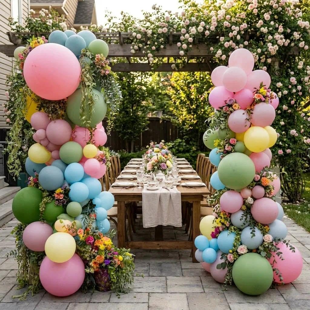 Colorful Balloon Arch Double Stuffed Latex Blue Yellow Green Pink Balloons Wildflower Balloon Garland for Spring Flower Birthday Baby Shower Garden Candy Party Decoration