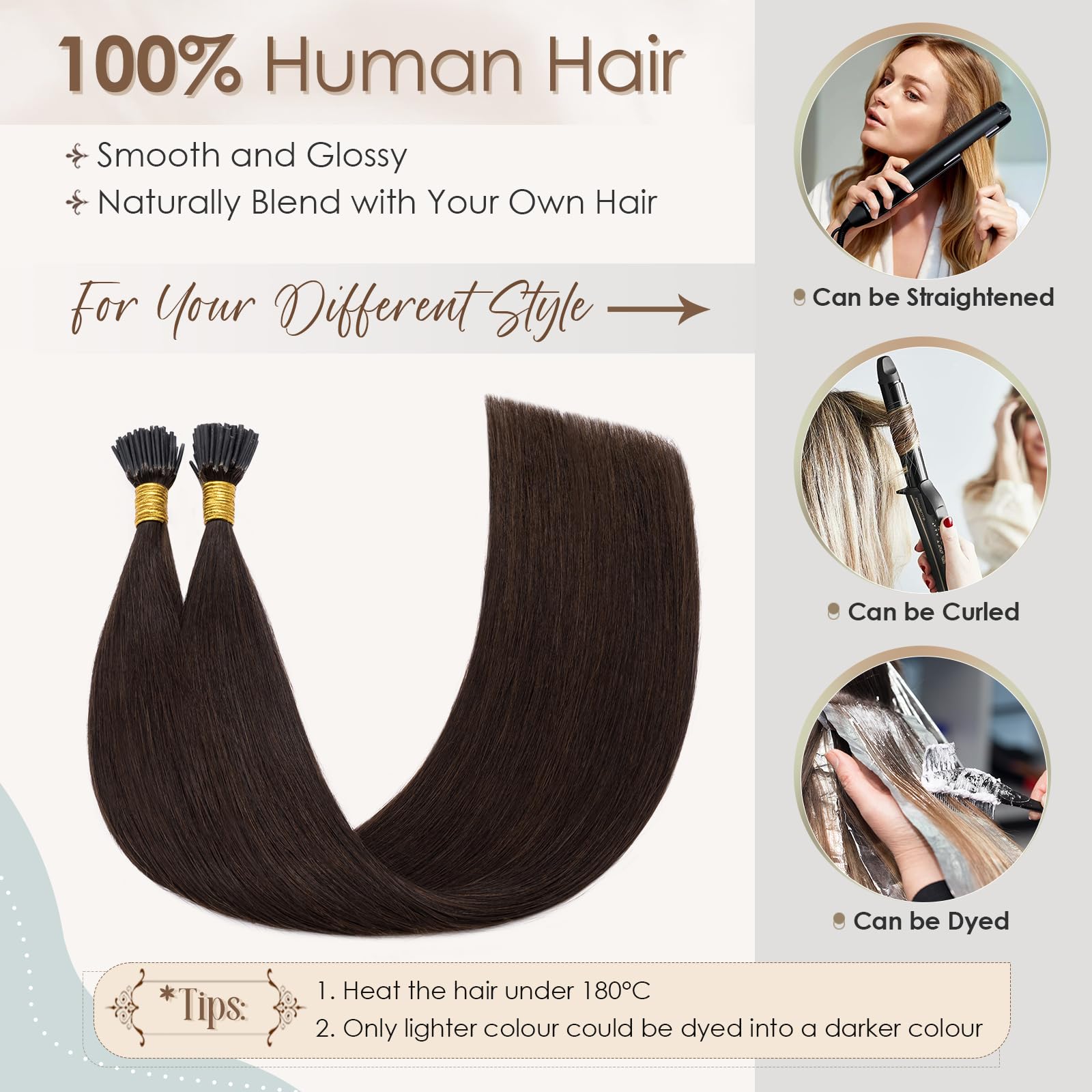 Elailite Pre Bonded I Tip Hair Extensions Real Human Hair - Keratin Remy Hair Extension 100 Strands 50g (#2 Dark Brown, 18 Inch) - Image 4