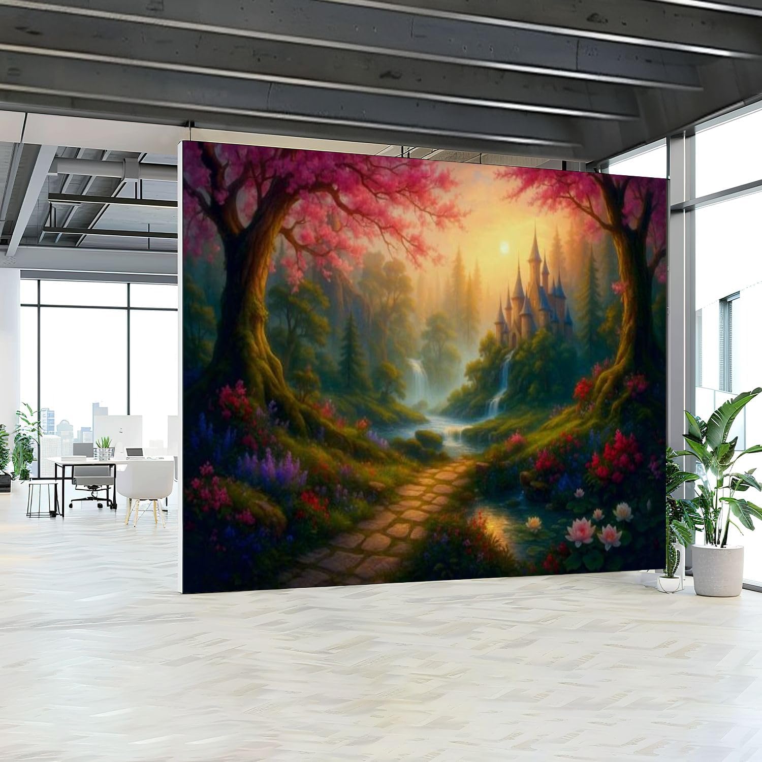 Wall Mural Fantasy Castle Landscape Cherry Blossom Trees Flowing Waterfall Peel & Stick Wallpaper Removable Self-Adhesive Large Wall Sticker Wall Decor for Bedroom Living Room Nursery 69"x96"