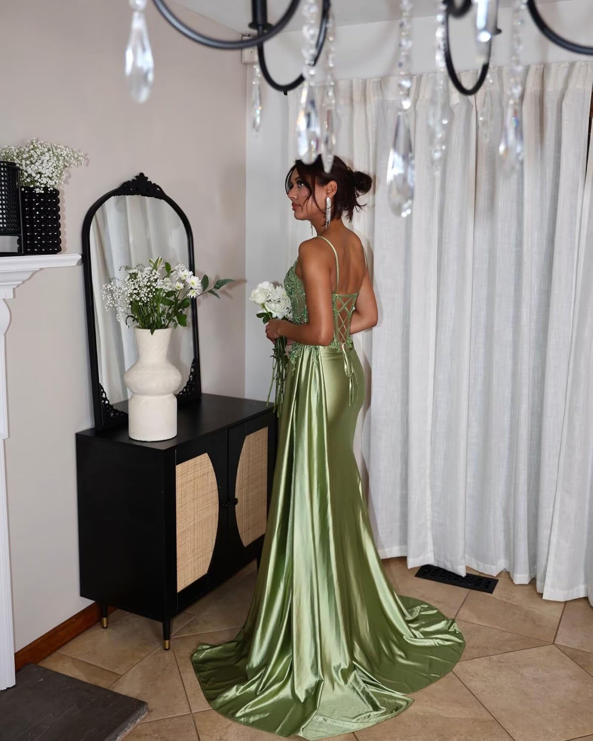 Satin Corset Prom Dresses with Slit Sparkly Lace Appliques Ruched Mermaid Long Formal Evening Gowns
