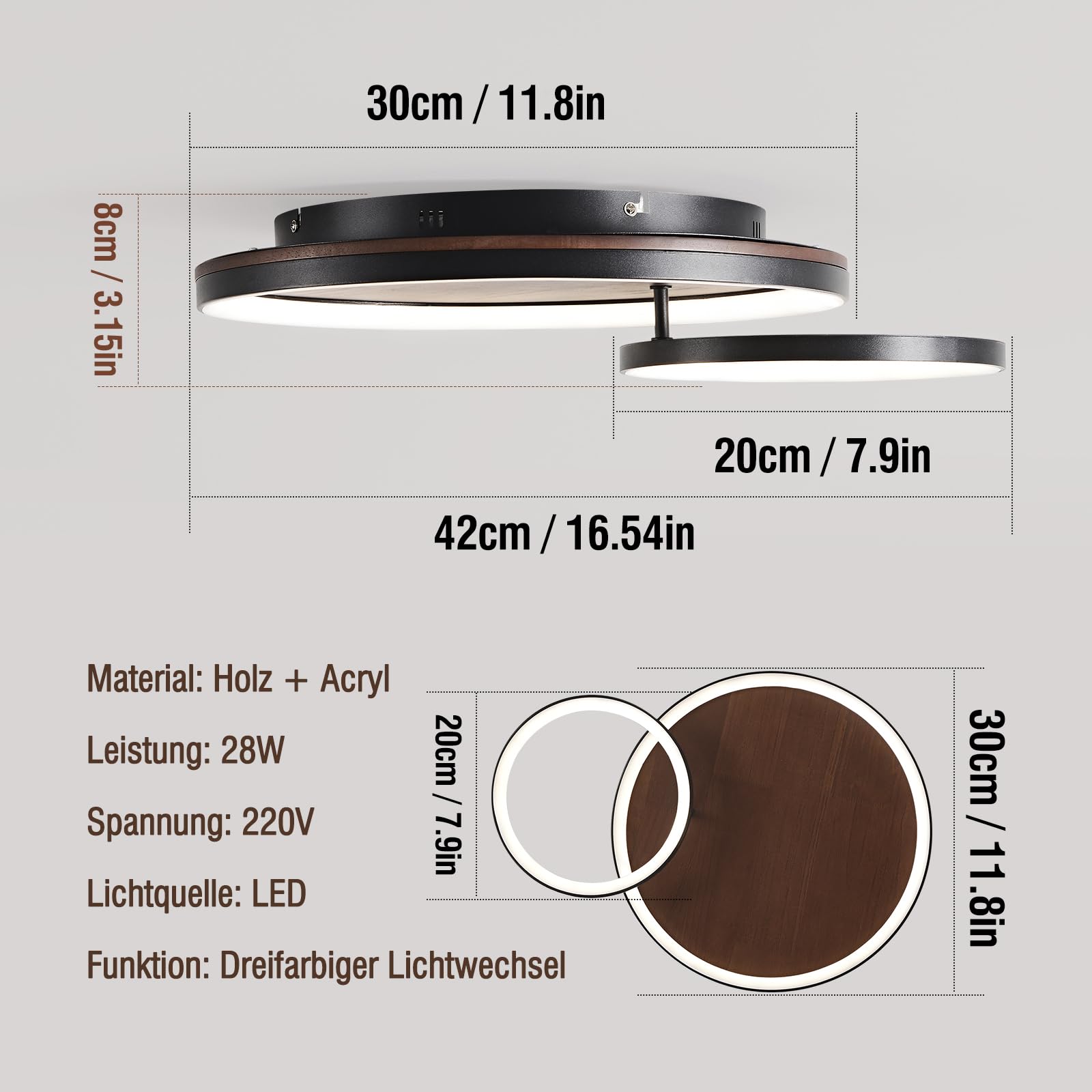 Lámpara de Techo LED de Madera, Negra Geométrico Salón Lámpara Regulable con mando a distancia, 3000K-6000K, con Luz Nocturna y Función de Memoria,42cm/28W Redonda
