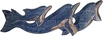 WorldBazzar NEW LG HAND CARVED BLUE WHITE WASH WOOD DOLPHIN family WALL ART HANGING TROPICAL NAUTICAL DECOR