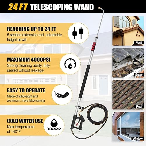 Miniatura 3 de Varita telescópica para lavadora a presión de 24 pies con varilla de extensión para lavadora eléctrica, accesorio limpiador de canalones, 4