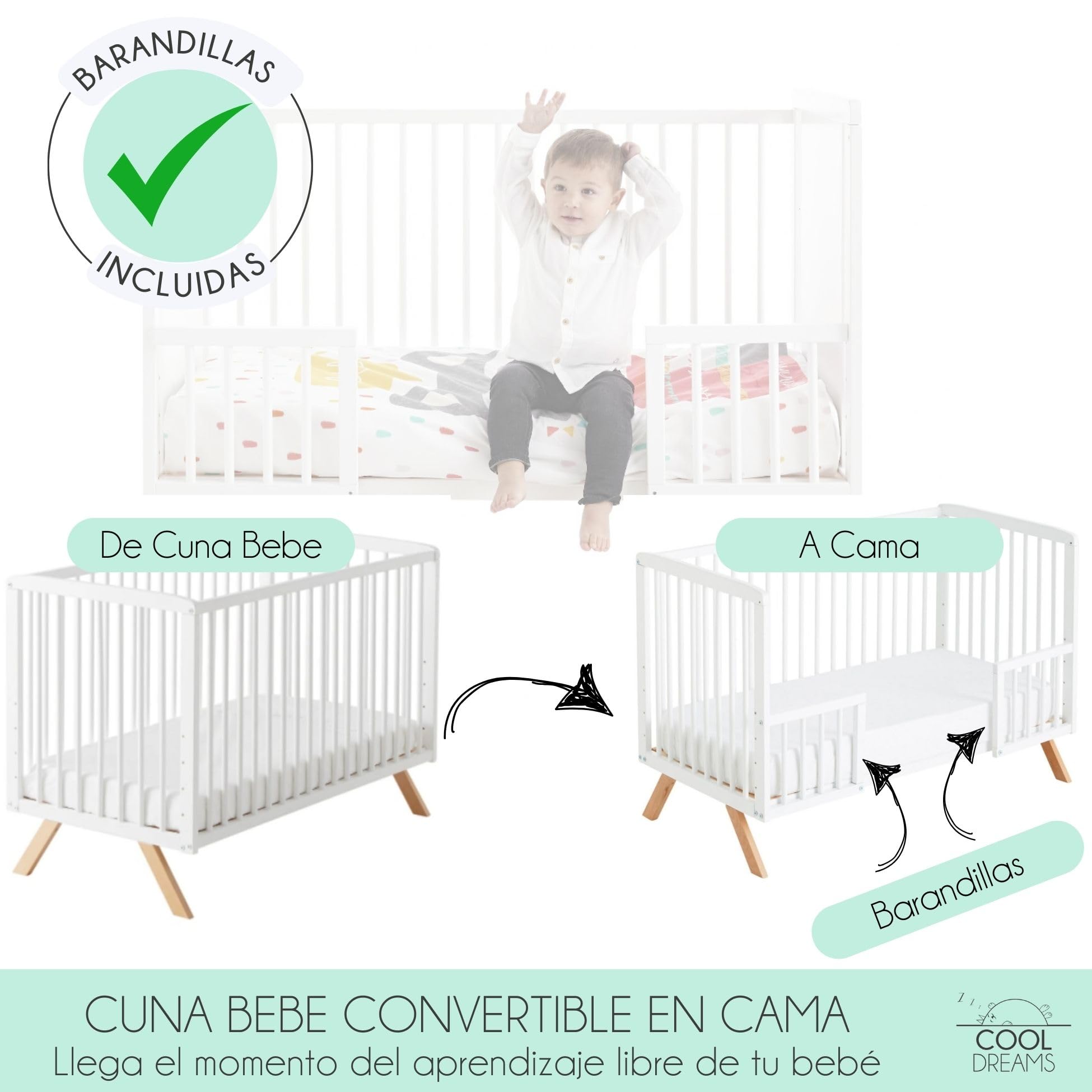 Cuna Convertible Nuru con Kit colecho para unir a la Cama y barandillas Blancas. Conforme a normativa Europea CoolDreams