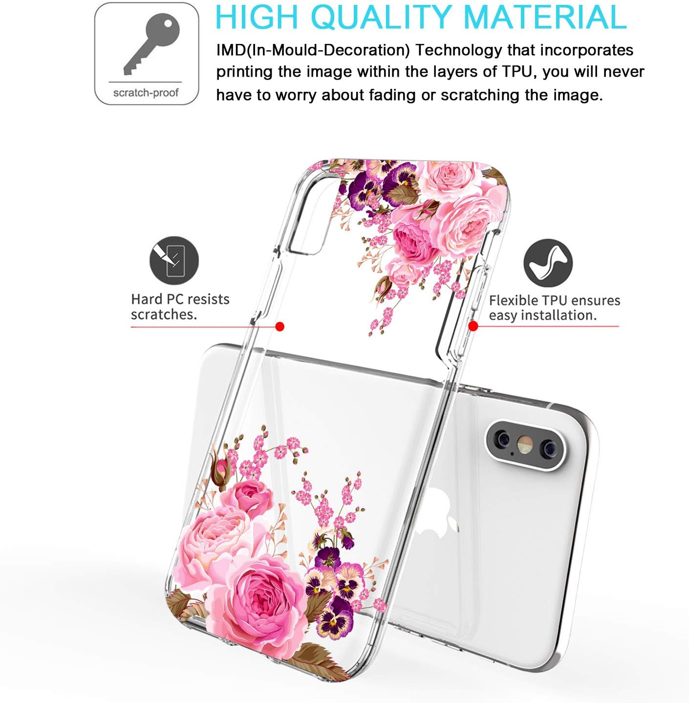 JAHOLAN Compatible iPhone X iPhone Xs Case 3D Design Cute Girl Floral Pink Rose Reinforced Clear Bumper Cushion Scratch Resistant Shockproof Hard Back Panel Cover Phone Case