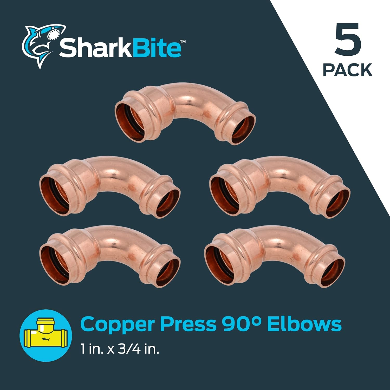 SharkBite 1 x 3/4 Inch 90 Degree Reducing Elbow, Copper Press Plumbing Fitting, Pack of 5, UPR278X5