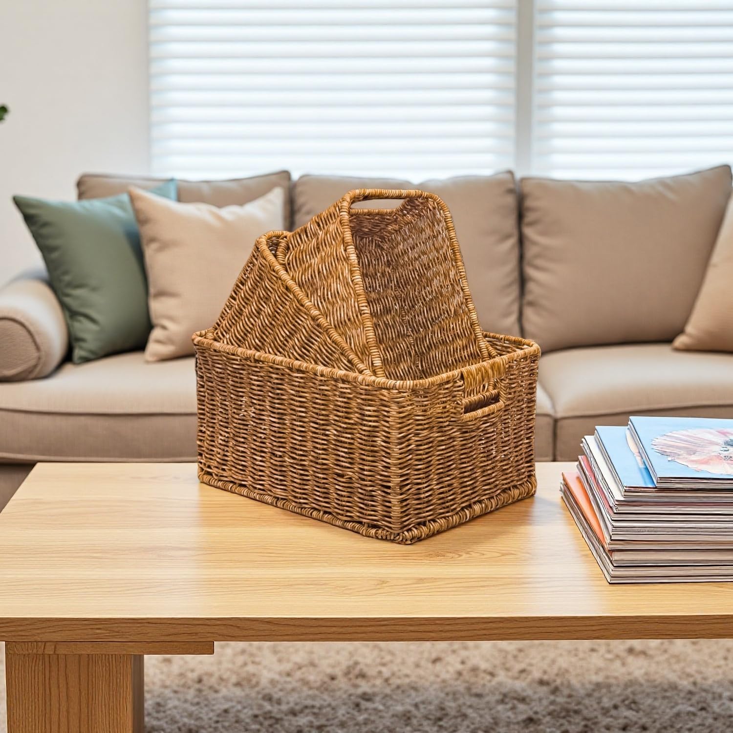 GIB Woven Storage Baskets for Organizing, Plastic Wicker Storage Baskets for Shelves, Waterproof Rectangular Storage Bins Organizers for Closet Pantry Table, Set of 3, Brown