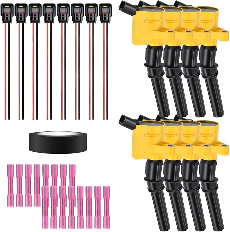 Kit com 8 bobinas de ignição amarelas Performance Master com chicotes para Ford – DG508