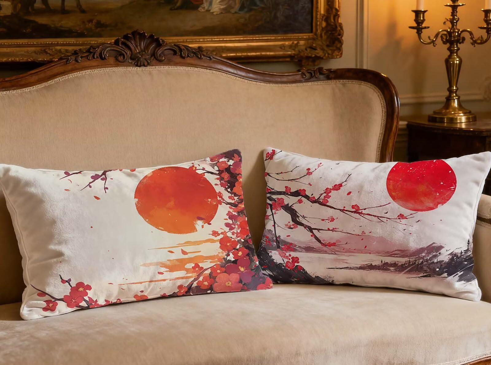 Taie oreiller en velours rouge motif paysage 60x80cm haut de gamme